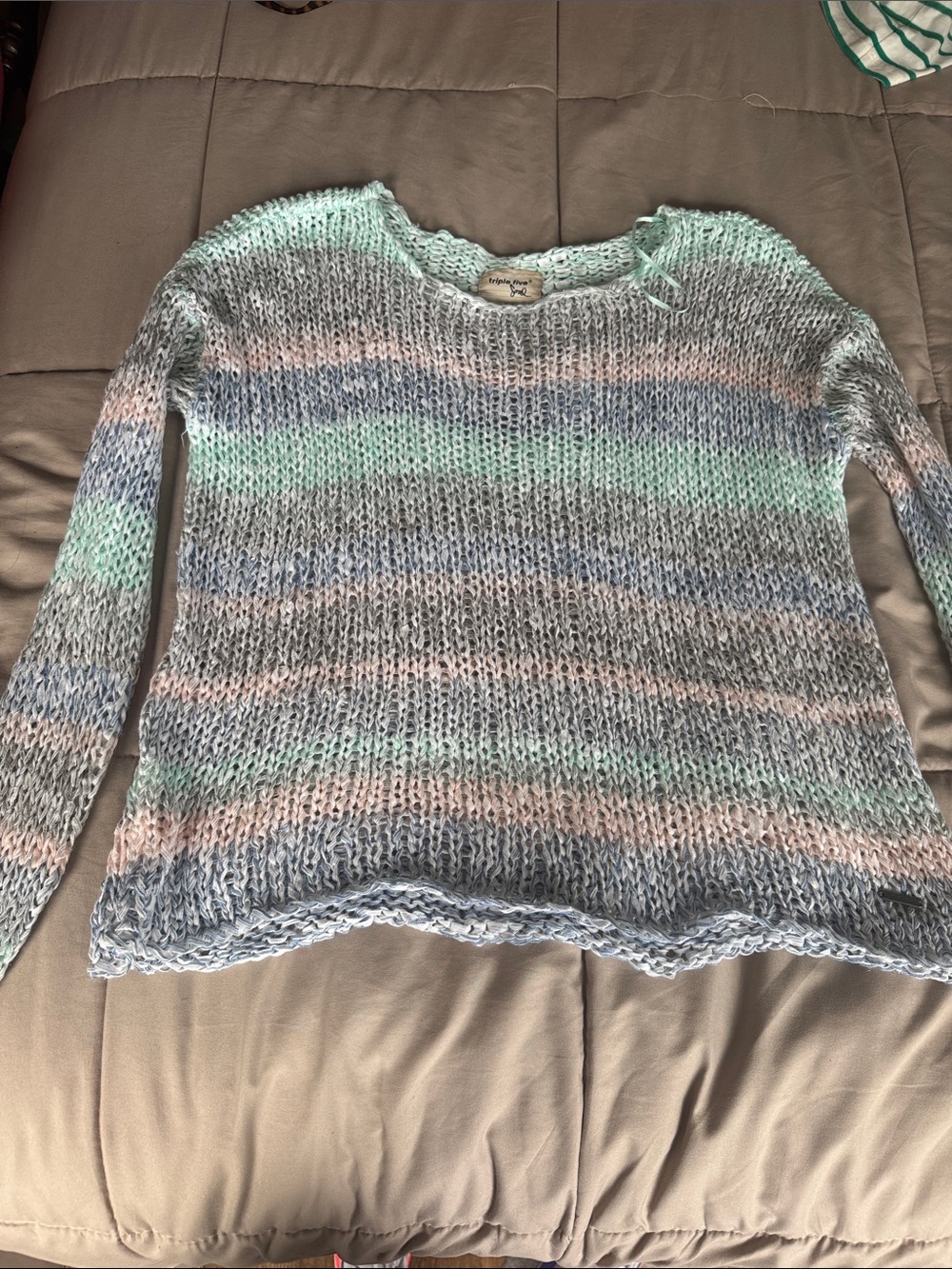 Triple Five Soul Pastel Stripe Open-Knit Sweater in Mint, Blue & Pink